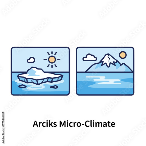 Arctic Micro-Climate - Iceberg and Mountain Landscape with Sun and Clouds.