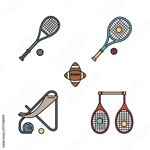 Assorted sports equipment icons including tennis badminton and football.