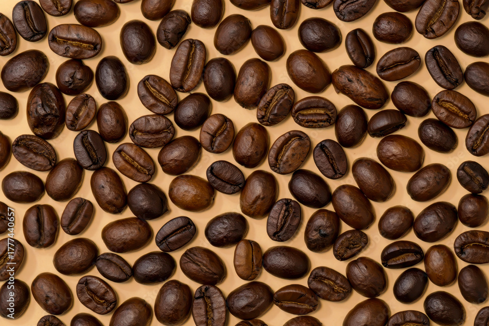 Obraz premium A closeup overhead view of roasted coffee beans scattered across a textured surface, showcasing their rich brown color and varied shapes