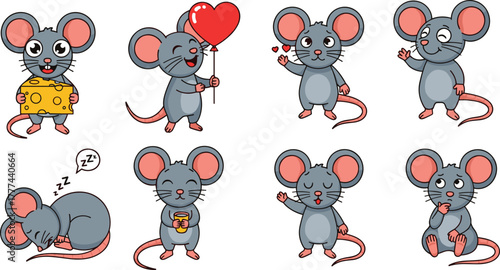 Set of eight cartoon gray mice in various poses and emotions, holding cheese, hearts, balloon, cup, and sleeping peacefully