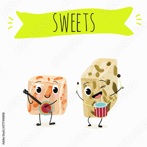 Tasty nougat, turkish delight, Halva confection, funny characters, hand drawn vector illustration.