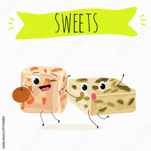 Tasty nougat, turkish delight, Halva confection, funny characters, hand drawn vector illustration.