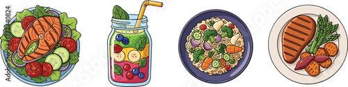 Set of four illustrated healthy meals including salad, smoothie jar, pasta bowl, and grilled steak with vegetables and garnish
