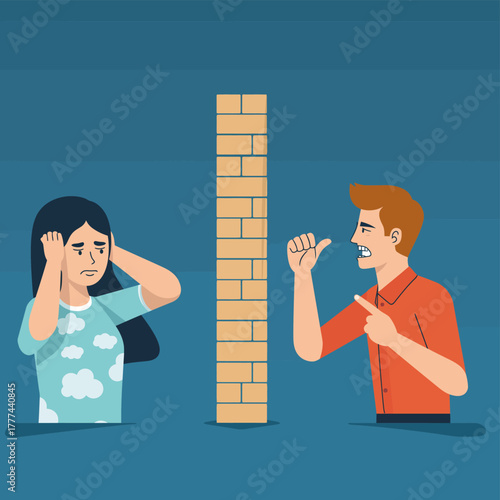 Couple Conflict and Communication Barrier. Man Shouting at Woman Separated by a Brick Wall, Representing Emotional Distance and Relationship Problems.