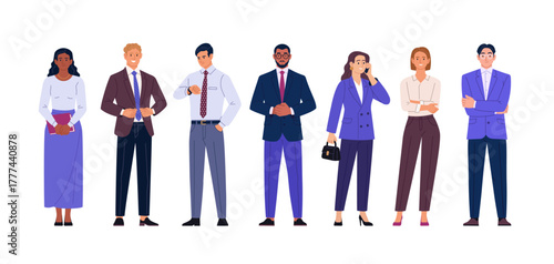 Business Team Collection. Vector cartoon illustration of a group of diverse people in business outfits standing together. Isolated on a background.