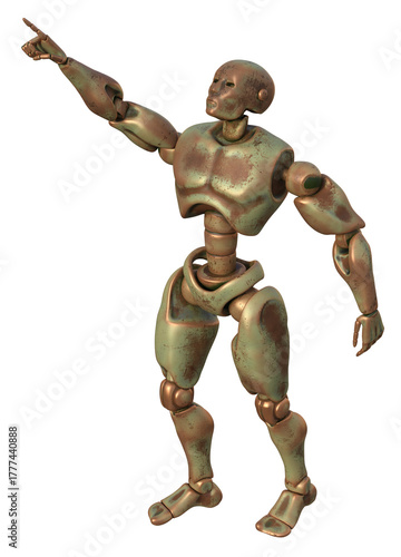 Rusty metal anthropomorphic robot points with the index finger of its right hand at something distant and high. 3d rendering on transparent background, no AI used