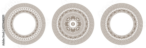 Vector set of decorative round frames with Greek ornaments in ethnic style. Greek round ornaments set. Greek pattern. Vector illustration.