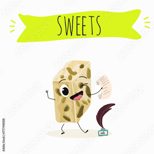 Tasty nougat, turkish delight, Halva confection, funny characters, hand drawn vector illustration.