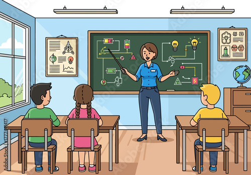 Teacher Explaining Electricity Diagram to Students in Classroom.