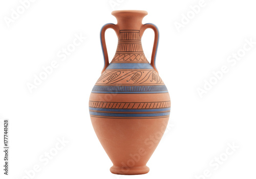 Isolated Terracotta amphora with patterns, decorative vase, historical vessel, studio shot