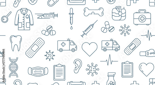 Line art medical icons seamless pattern on a white backdrop Healthcare concepts