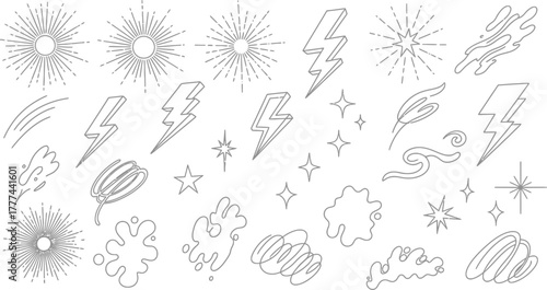 Line Art Shapes Collection Rays, Lightning, Stars, Clouds, Waves, on White