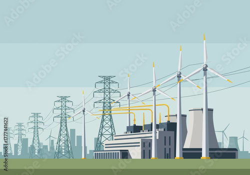 Modern Energy Production: Wind Turbines and Power Plant.
