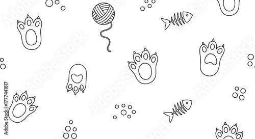 Line with Cat Paw Prints, Fish Bones and Yarn Ball on White Background