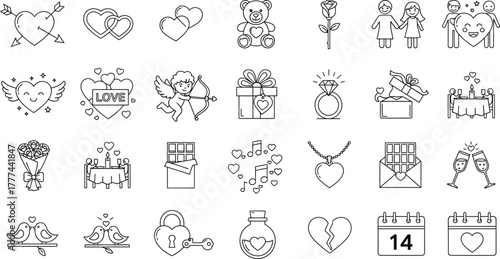 Love Linear Icons Set with Heart, Romance, Relationship Elements on Transparent Background