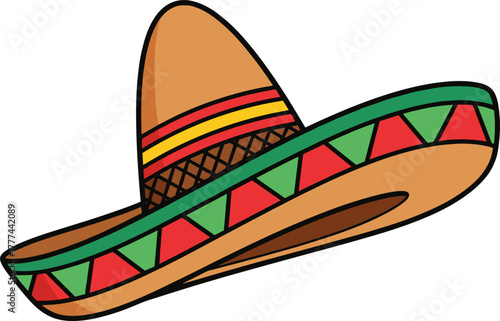 Traditional Mexican sombrero with wide brim and colorful patterns in red, green, and yellow isolated on white background for design