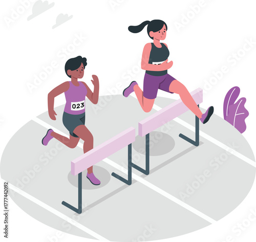 Two female athletes competing in a hurdle race women girls