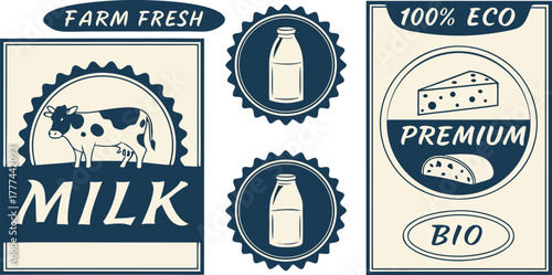 A collection of nine circular, rectangular, and banner-shaped logos or badges centered on dairy products. The logos are primarily blue and gold, with white and cream accents, featuring illustrations a