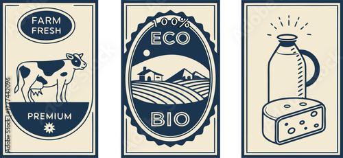 A collection of nine circular, rectangular, and banner-shaped logos or badges centered on dairy products. The logos are primarily blue and gold, with white and cream accents, featuring illustrations a