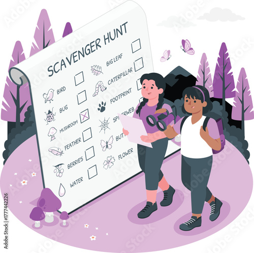 Two girls on a scavenger hunt in a purple forest checklist nature