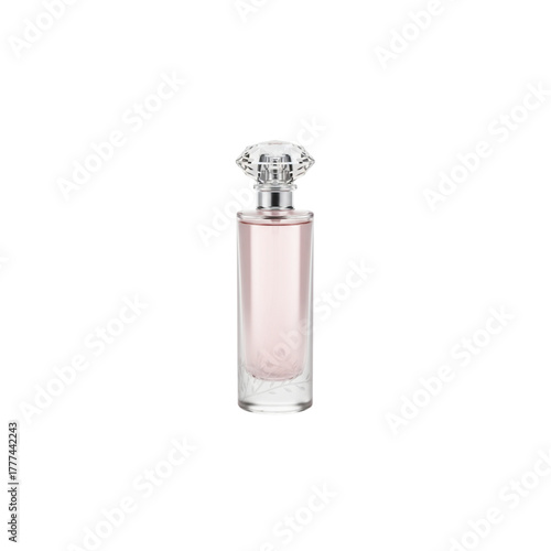 Luxury glass perfume bottle with transparent liquid isolated on a white background