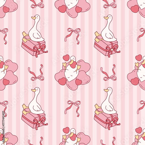Adorable seamless pattern of cartoon geese sitting on a gift box and heart balloons, complete with pink stripes and bows. Great for Valentine's Day packaging.