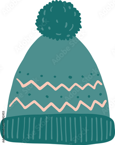 Winter Knit Beanie Hat with Pom Poms Isolated Cute Christmas Doodle Clipart