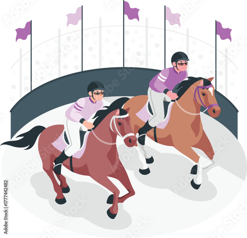 Two Jockeys Racing Horses in Arena with Flags horse racing competition