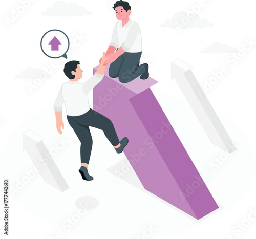 Two men helping each other climb up a purple arrow graph teamwork support