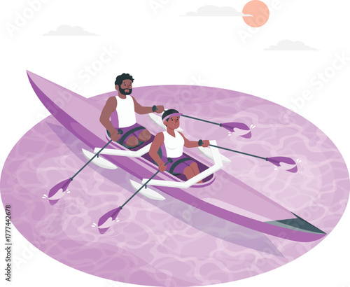 Two men rowing a canoe on water with sun and clouds active adventure