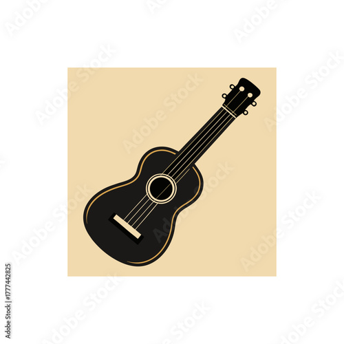 Black ukulele silhouette with gold trim isolated on white background