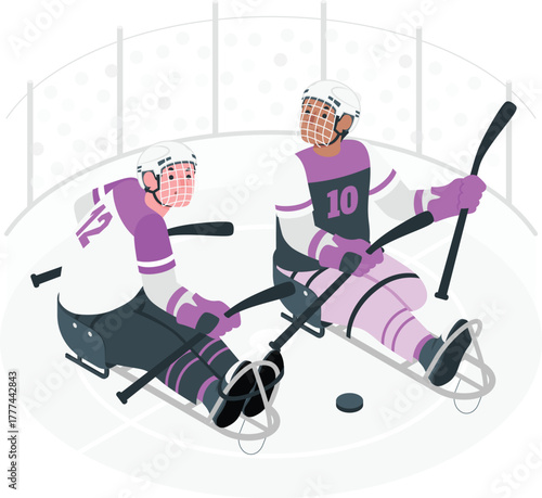 Two paralympic sledge hockey players with sticks and puck winter sport athletes