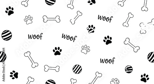 Playful Dog Paw, Bone, and Ball Pattern on a White Background with Woof Text