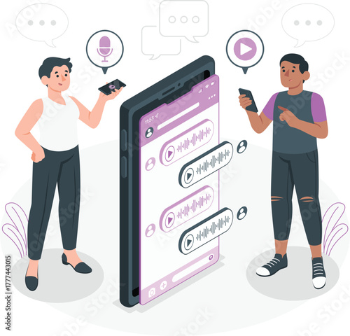 Two people communicating via voice messages on smartphones communication technology