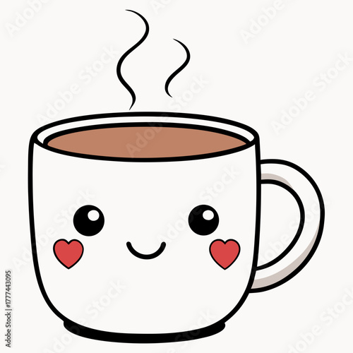 Cute kawaii coffee cup character with heart cheeks silhouette isolated on white background