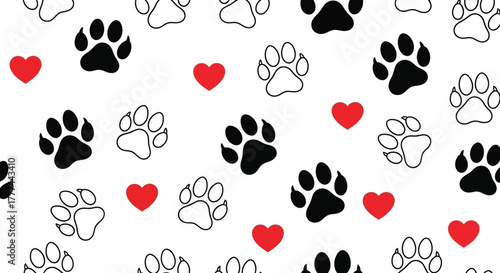 Seamless Pattern of Animal Paw Prints with Red Hearts on a White Background