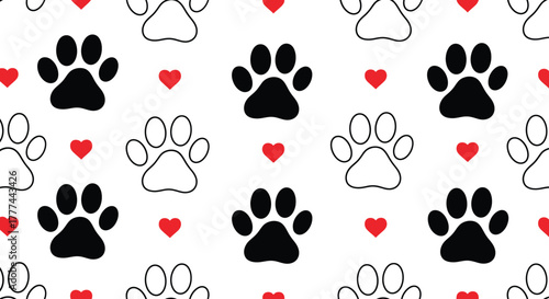 Seamless Pattern featuring Black Paw Prints and Outline Paws with Red Hearts