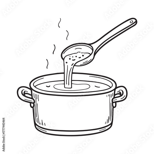 Deep pot with a ladle lifting up a serving of vegetable broth