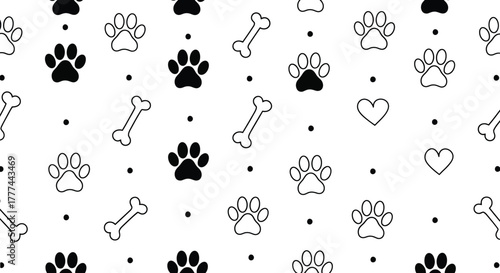 Seamless Pattern of Bones Hearts and Dog Paw Prints on a White Background Design