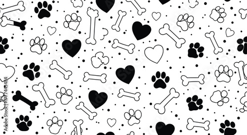 Seamless Pattern of Dog Paw Prints, Bones, and Hearts on a White Background