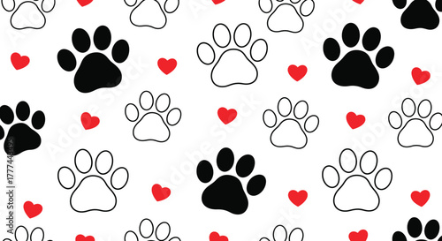 Seamless Pattern Paw Prints, Black Fill, Outline, and Red Hearts on White Surface