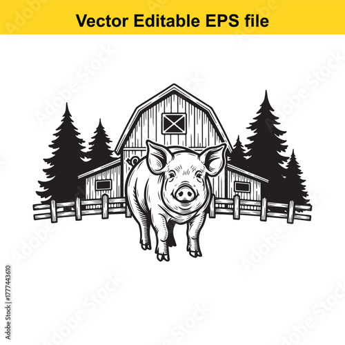 A friendly pig with a wide smile stands directly facing the viewer in front of a classic barn, pine trees, and a fence