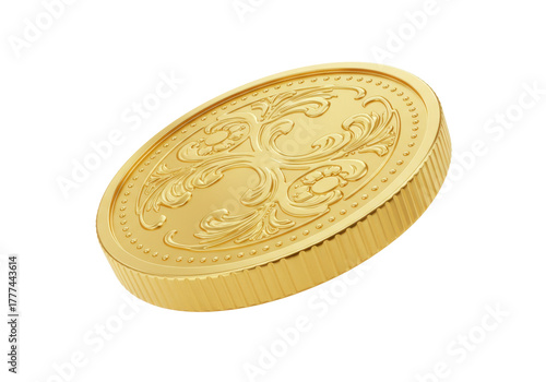 Isolated gold coin with intricate design, a valuable token for collectors or investors alike