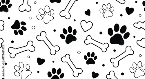 Seamless Pet Pattern with Bones, Paws and Hearts on White Background, Monochrome Art