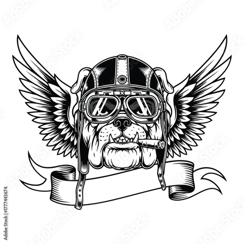 Bulldog biker mascot with wings wearing helmet and holding cigar illustration