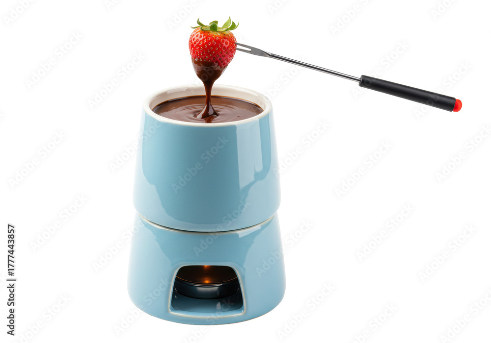 Fototapeta premium Isolated chocolate fondue set with strawberry and dipping fork, dessert indulgence