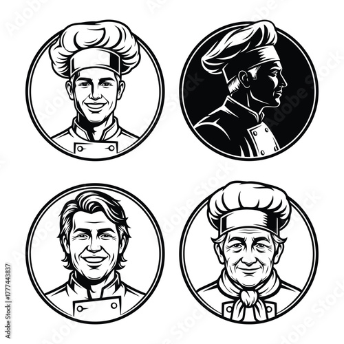 Chef portraits featuring diverse ages and styles in monochrome line art