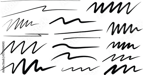 Set of Hand Drawn Black Wavy Lines, Various Thickness and Forms on White Background