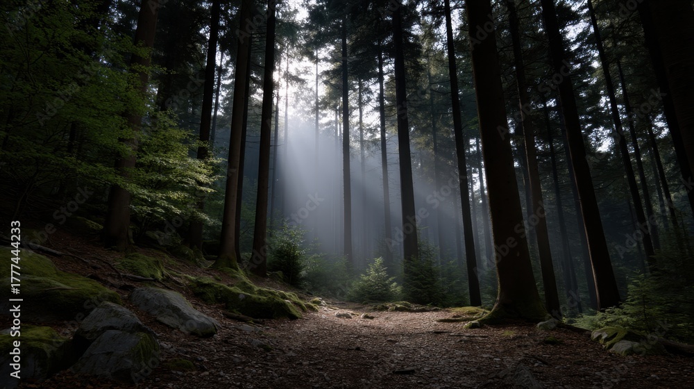 Obraz premium Ethereal Light Streaming Through Forest Canopy in a Serene Natural Environment