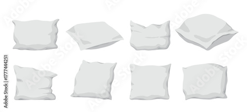 Cushions set in flat cartoon design. This wonderful set of white pillows in different sizes, shapes and snow colors will complement any sleep project. Vector illustration